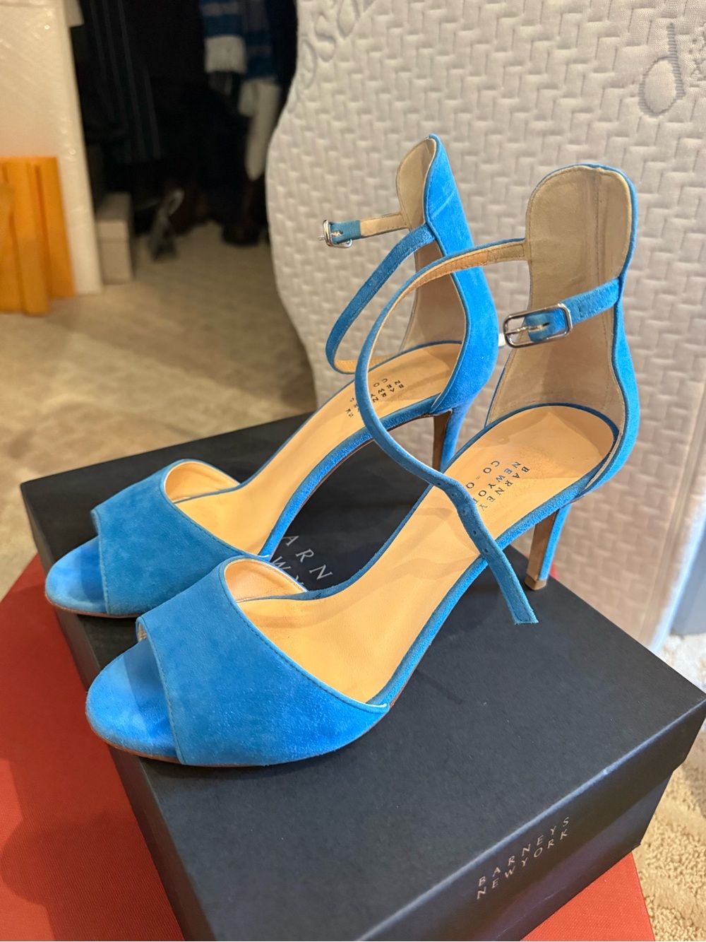 Barneys New York Bright Blue Suede Open-Toe Ankle Strap Heels